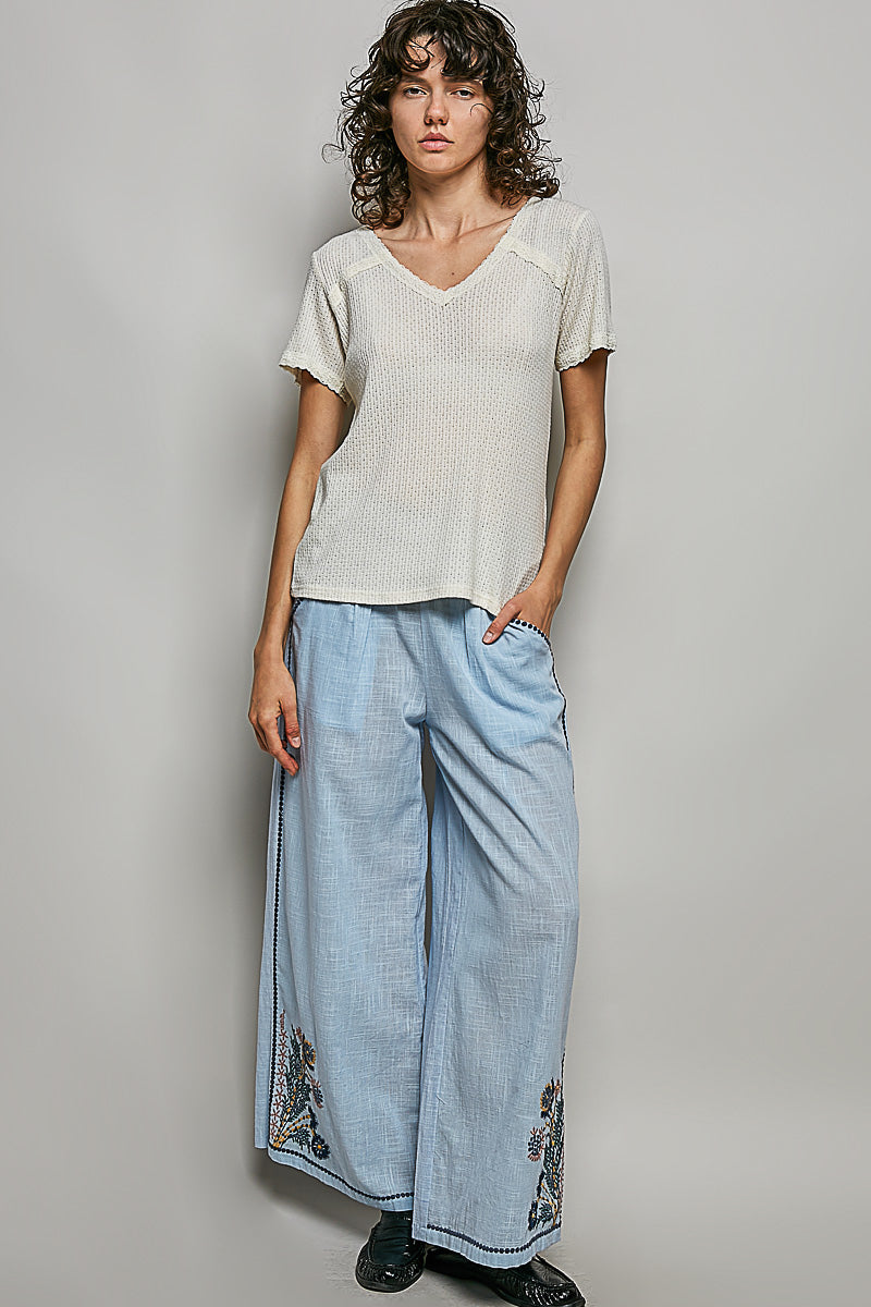 POL Natural Lace Detail V-Neck Short Sleeve Textured T-Shirt