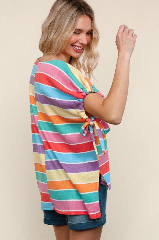 Haptics Multicolor Stripe Dolman Bow Tie Sleeve Top