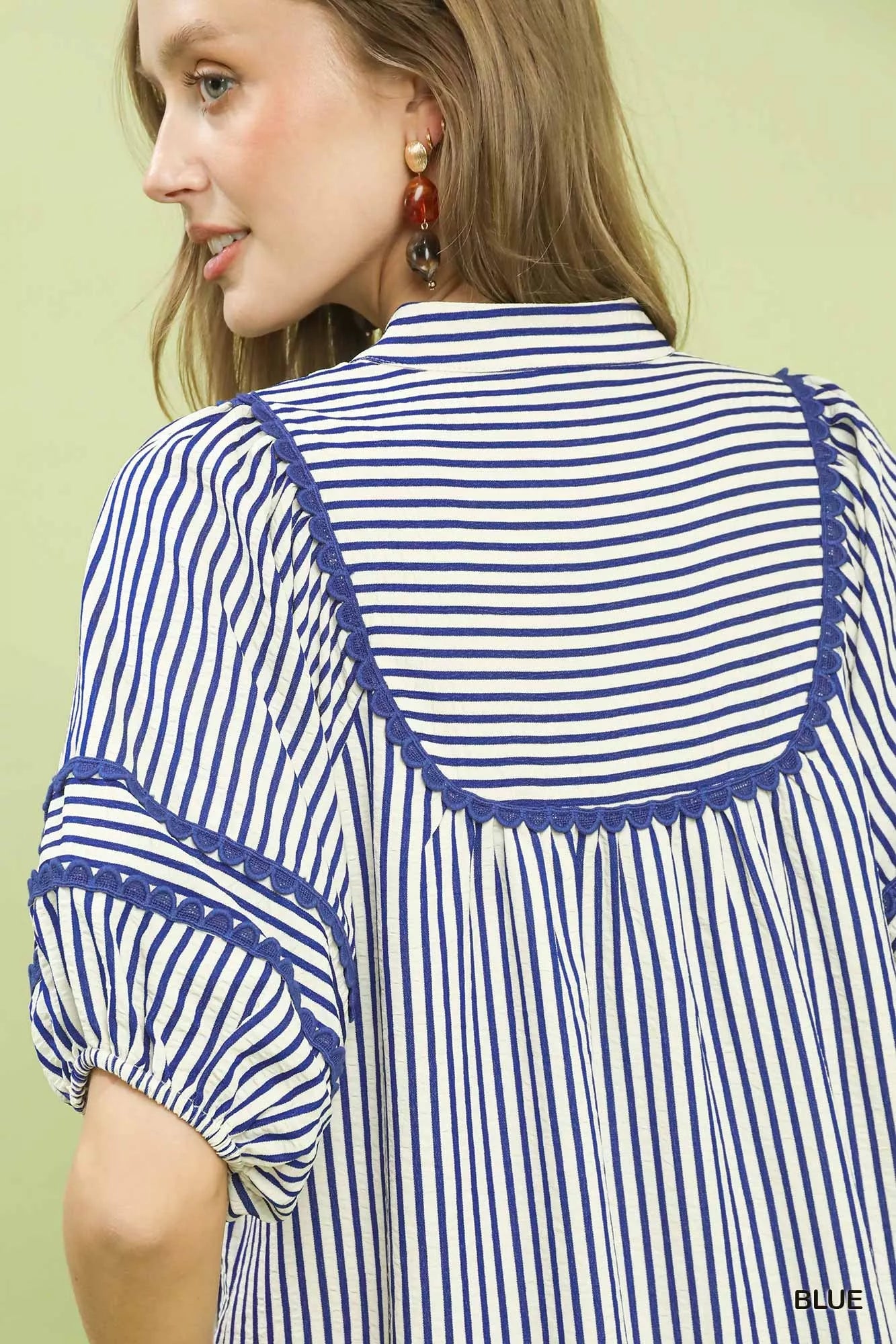 Umgee Blue Striped Puff Sleeve Midi Dress