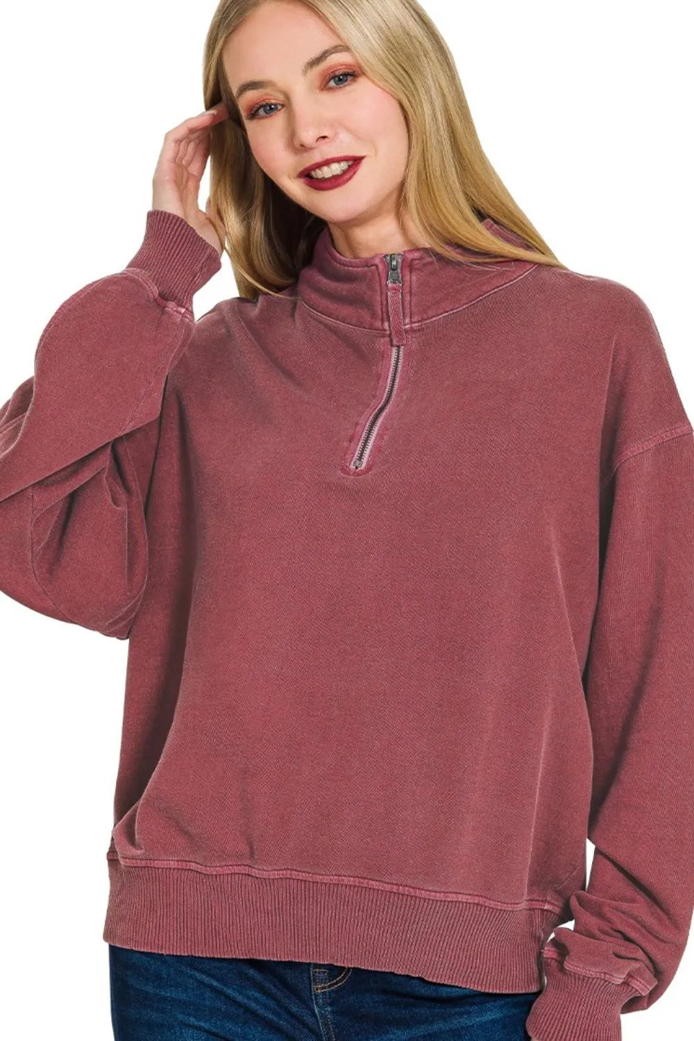 Zenana Cabernet French Terry Pigment & Enzyme Washing Half Zip Top