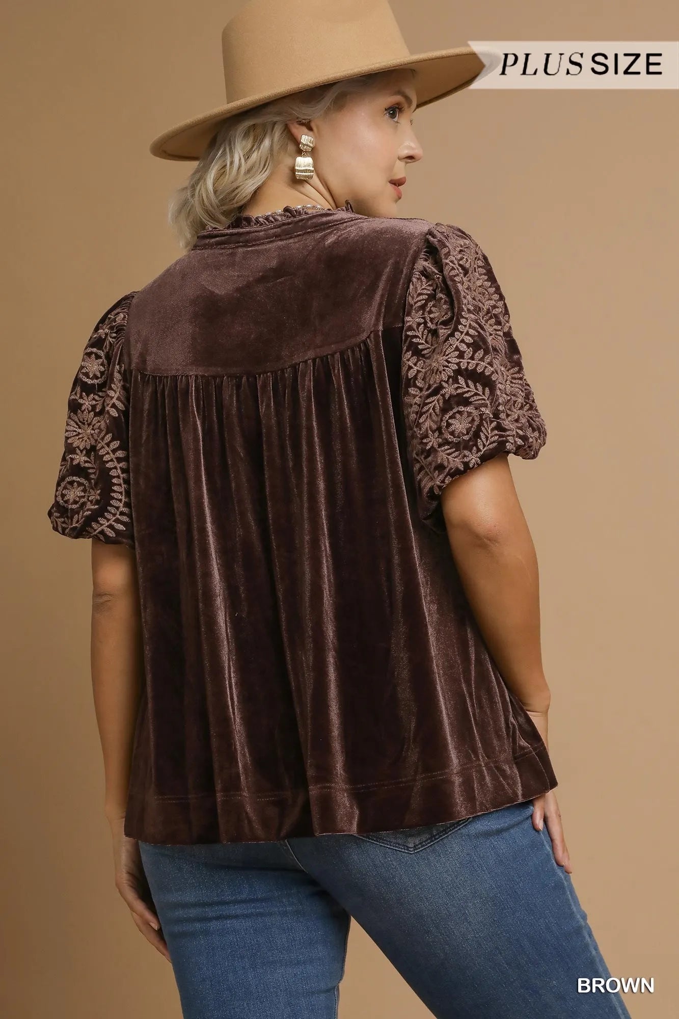 Umgee Brown Velvet Embroidered Sleeve Blouse