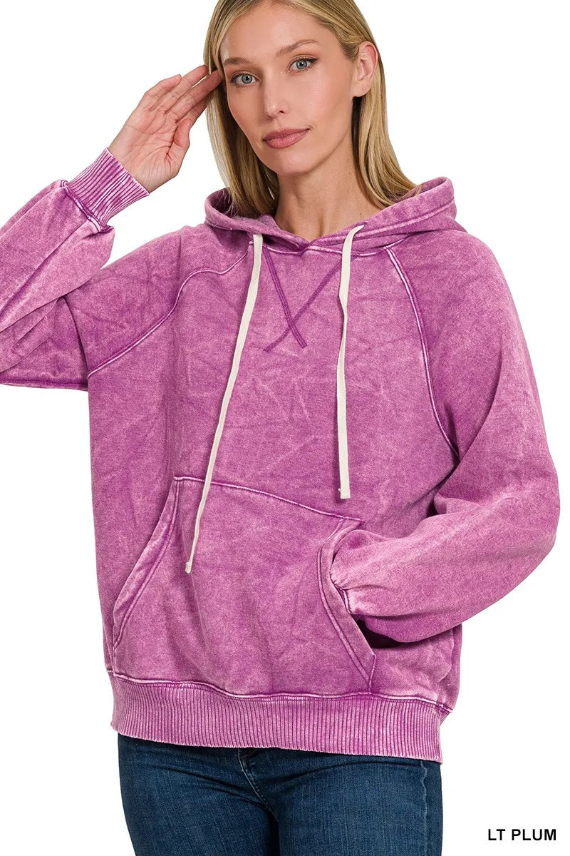 Zenana Light Plum Acid Wash Fleece Hoodie with Kangaroo Pocket LT PLUM