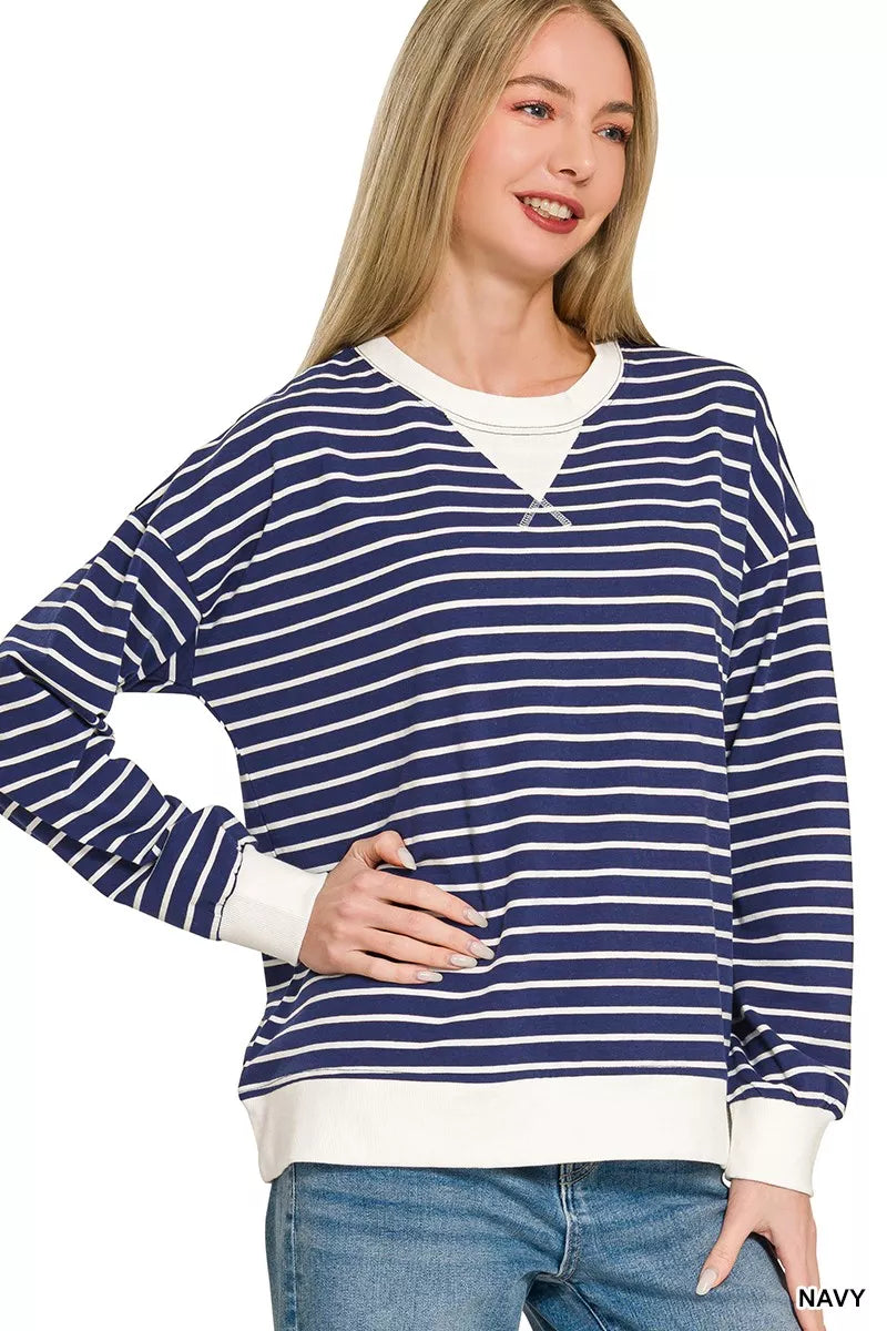 Zenana Navy Contrast Striped Round Neck Sweatshirt