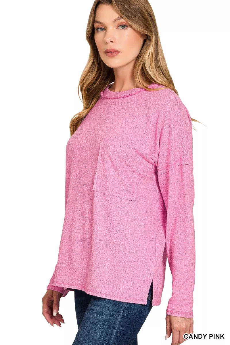 Zenana Candy Pink Soft Melange Hacci Round-Neck Long Sleeve T-Shirt