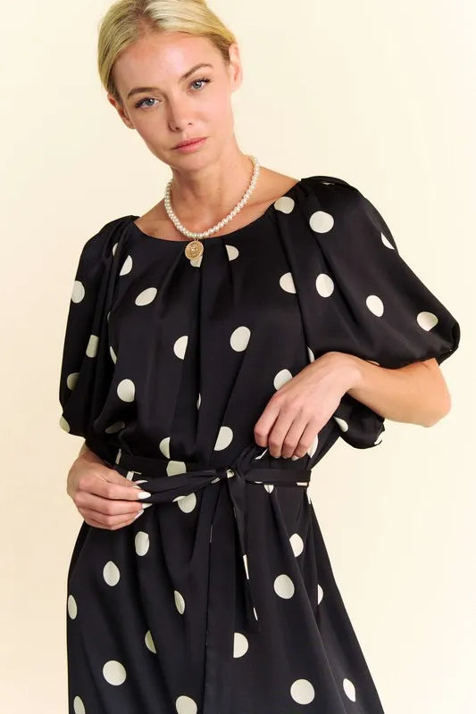 Davi & Dani Black Polka Dot Puff Sleeves Waist Tie Midi Dress