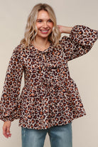 Haptics Leopard Print Front Ribbon Bow Tie Babydoll Woven Blouse
