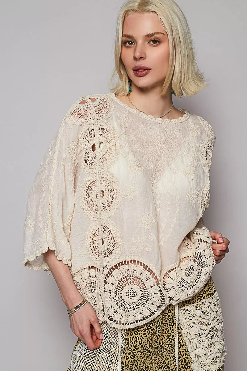 POL Natural Round Neck Crochet Top with Floral Embroidery Detail NATURAL One Size
