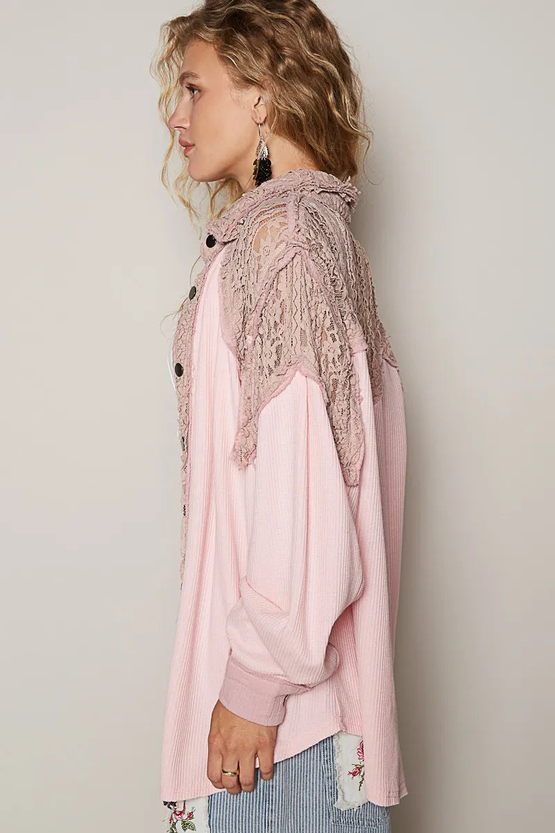 POL Pink Lace Patchwork Button Up Shacket