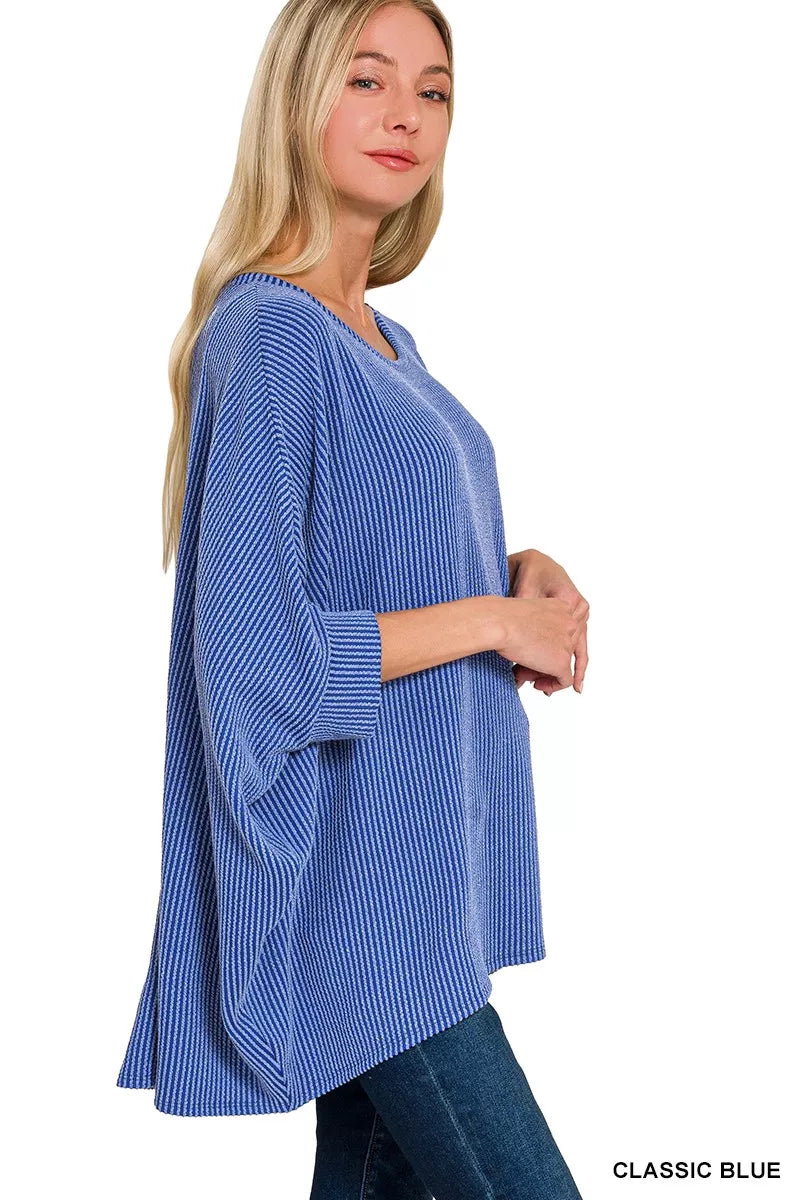Zenana Classic Blue Raised Rib Bat Sleeve Top