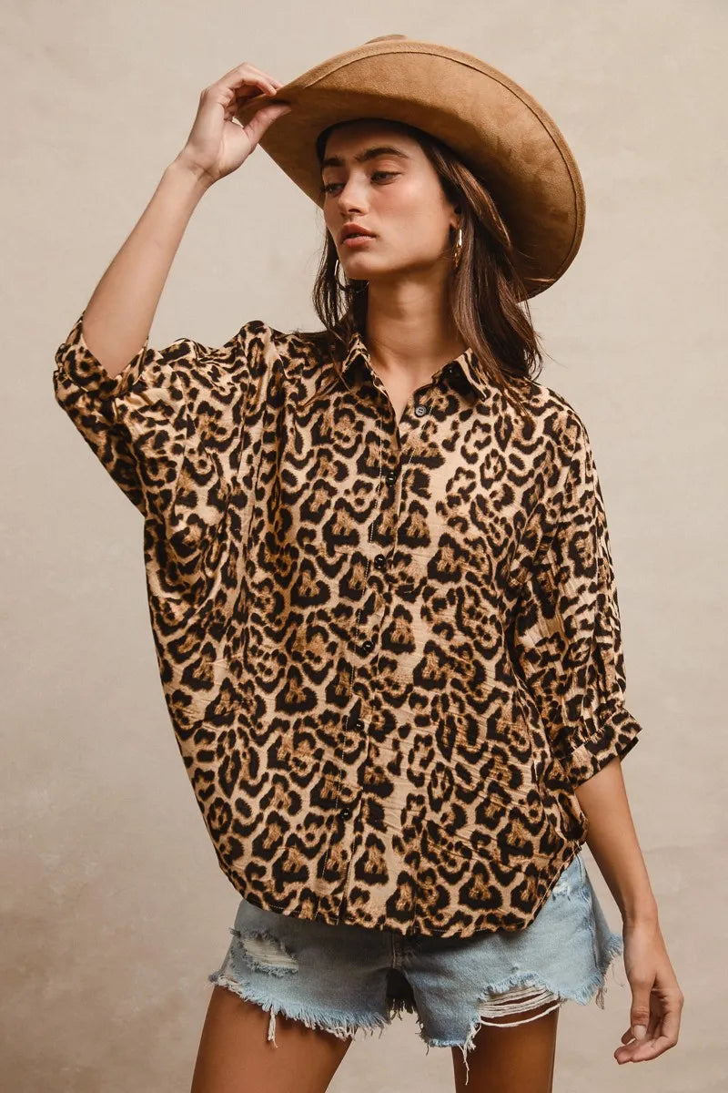 BiBi Leopard Print Button Up Oversized Short Sleeve Top