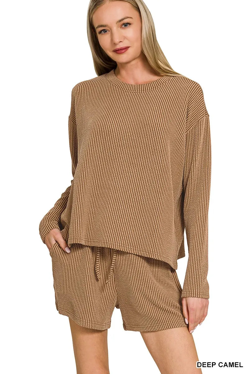 Zenana Deep Camel Raised Corded Rib Long Sleeve Tee and Shorts Set