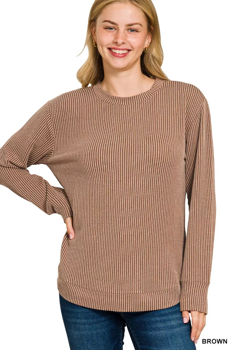 Zenana Brown Raised Rib Round Neck Long Sleeve Top BROWN