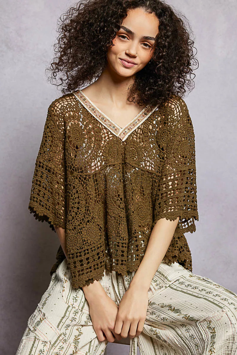 POL Olive V-Neck Crochet Top with Scalloped Hem