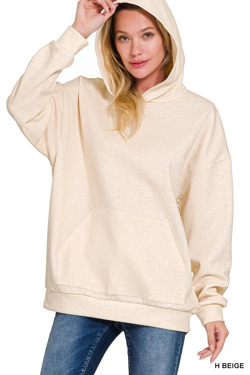 Zenana Heather Beige Oversized Scuba Hoodie with Kangaroo Pocket H BEIGE