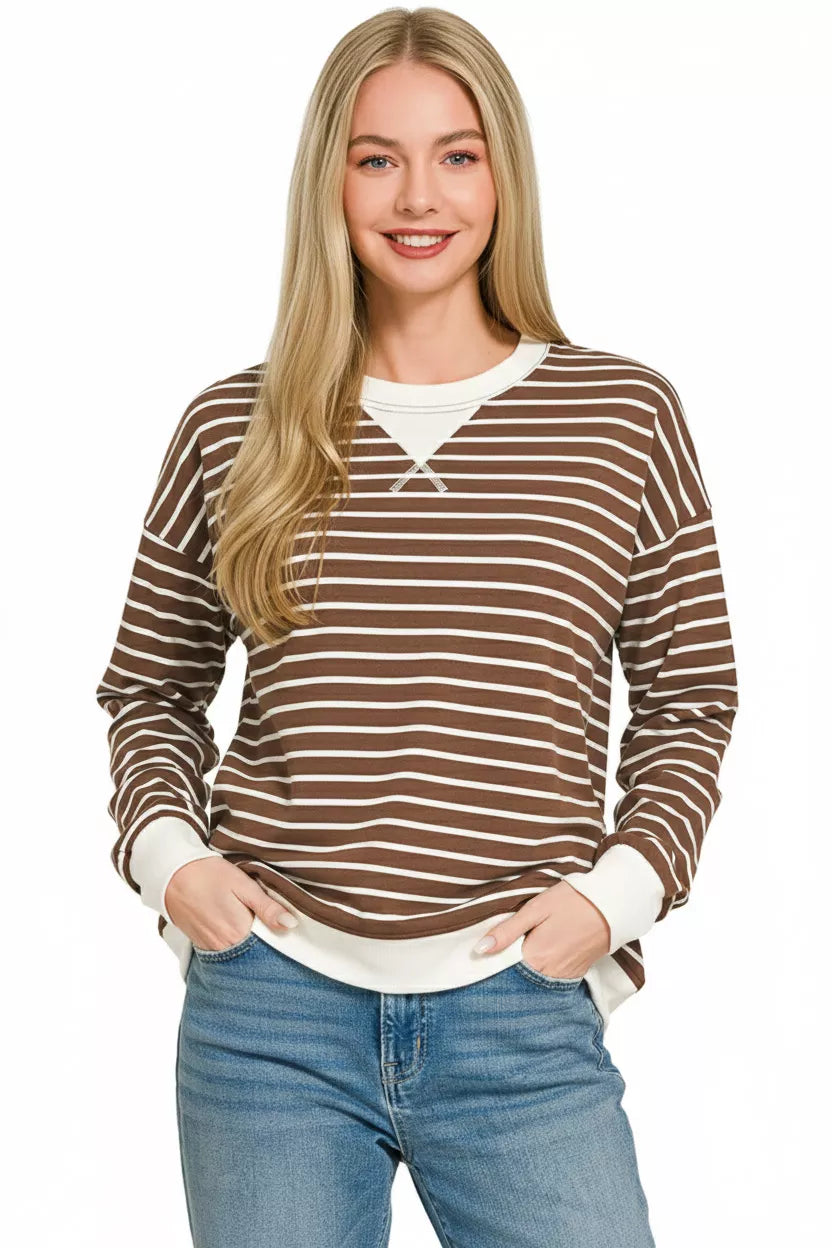 Zenana Brown Contrast Striped Round Neck Sweatshirt