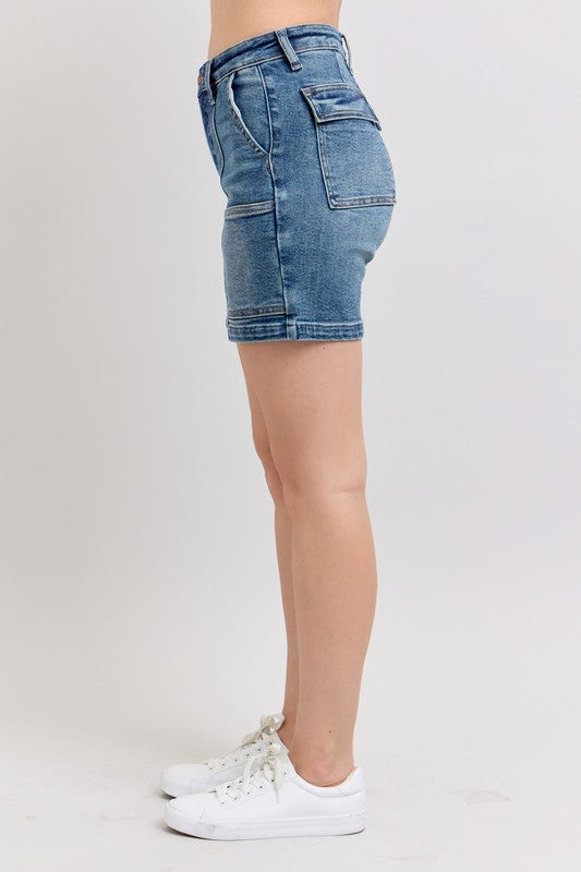 Judy Blue Medium Washed High Rise Utility Mid Length Denim Shorts