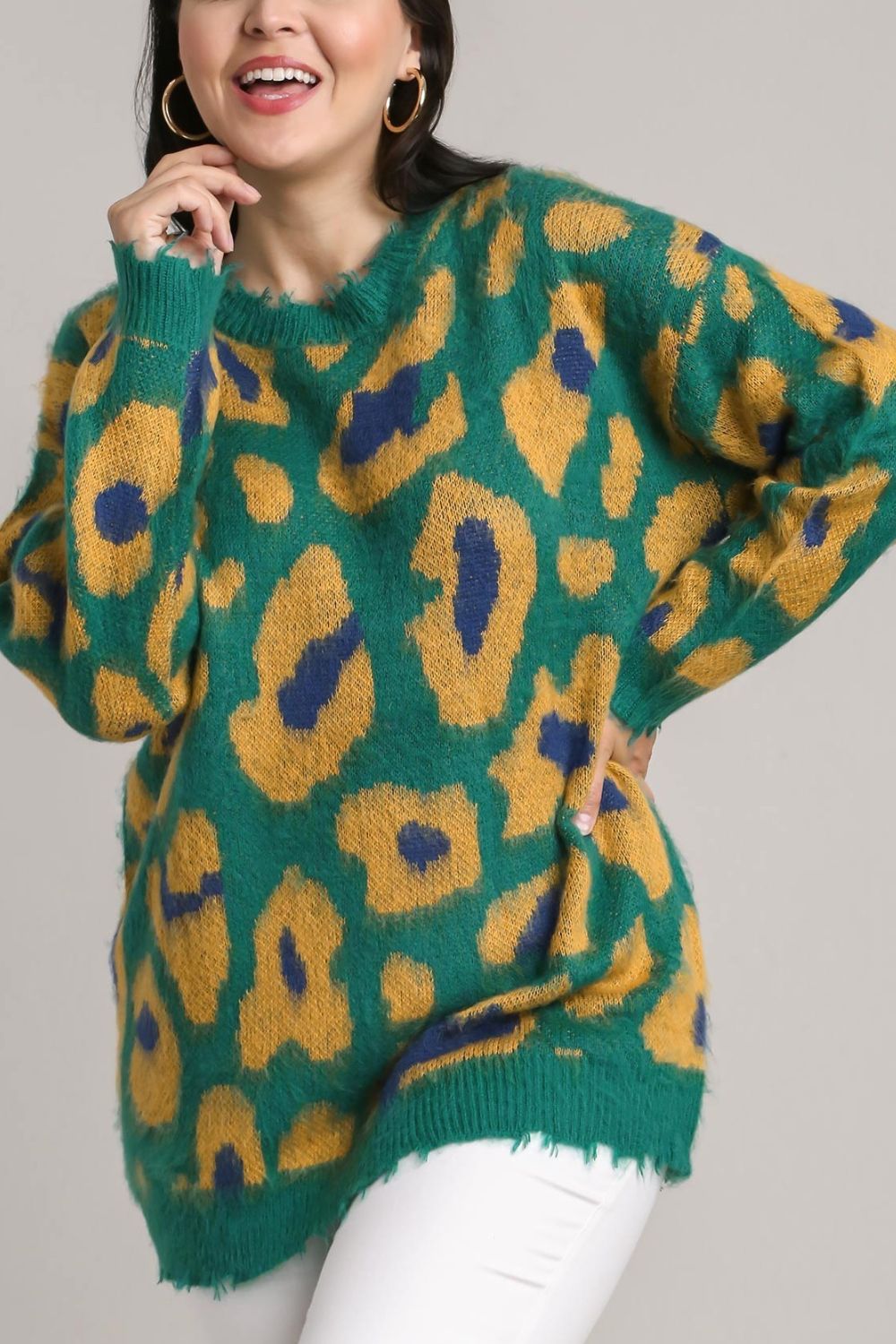 Umgee Green Leopard Destroyed Rib Band Sweater
