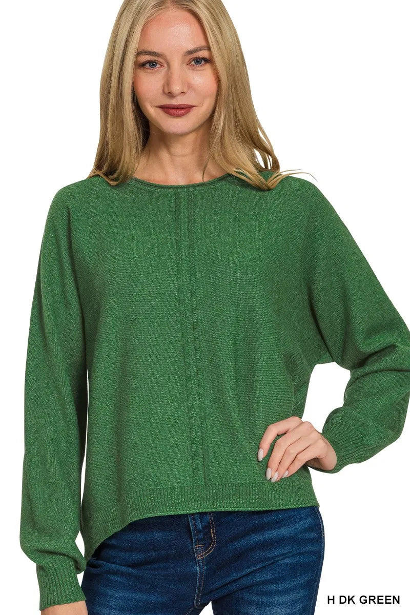 Zenana Dark Green Viscose Front Seam Round-Neck Sweater H DK GREEN