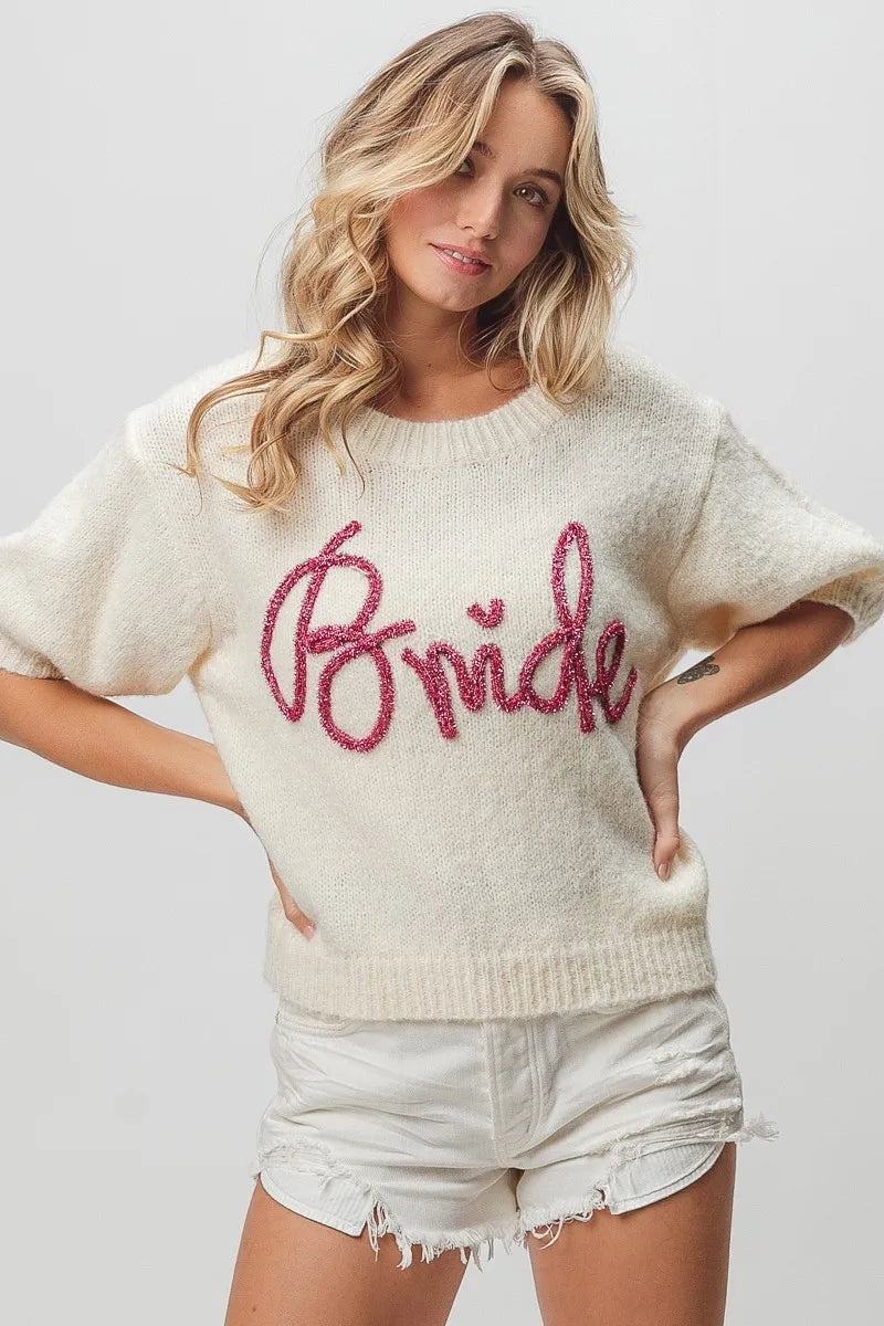 BiBi Ivory Bride Metallic Letter Short Puff Sleeve Hairy Sweater