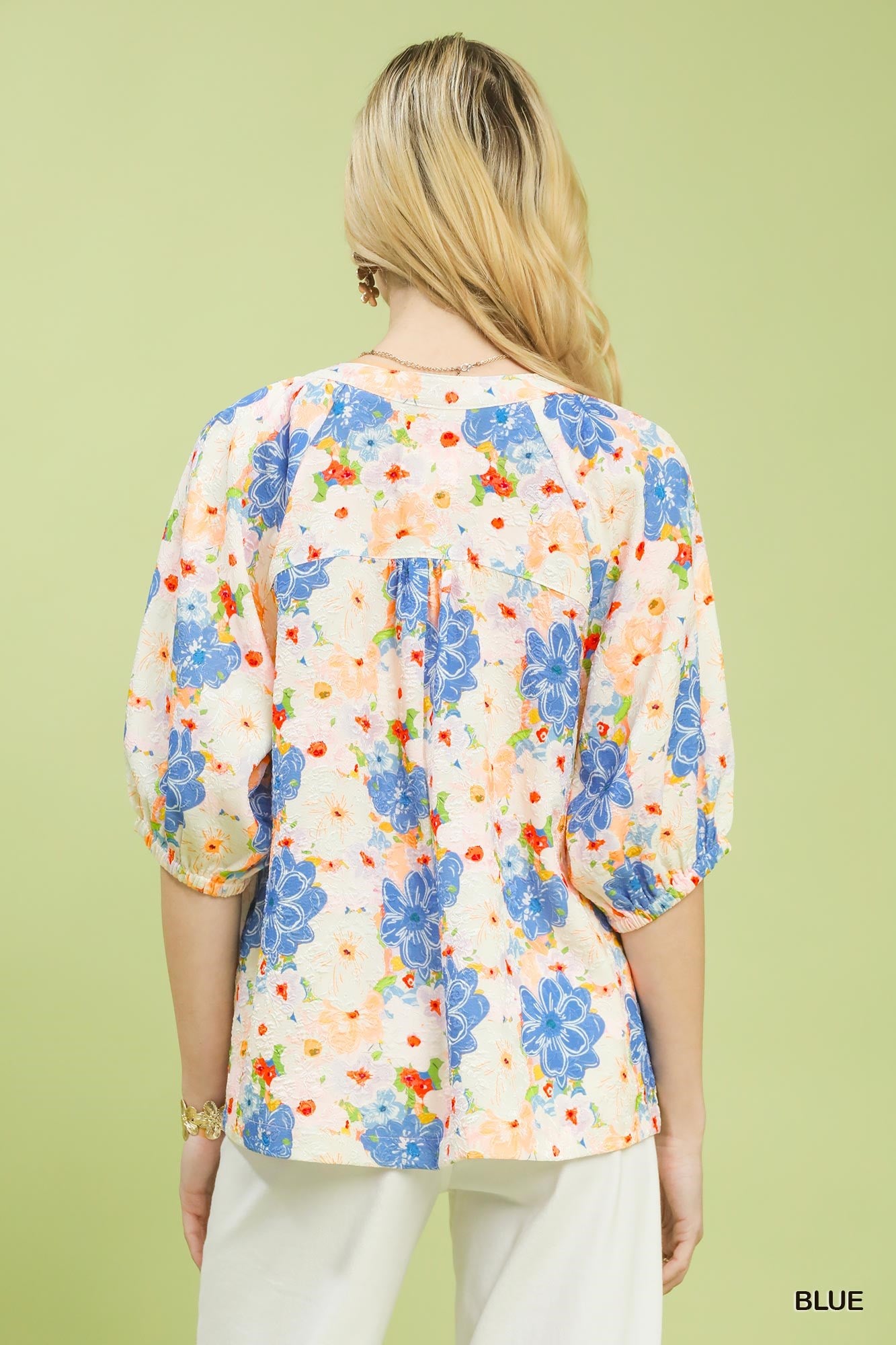 Umgee Blue Mixed Floral Print Buttoned Blouse