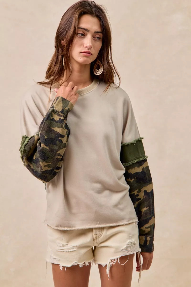 BiBi Taupe & Olive Camo Sleeve French Terry Top with Frayed Edge