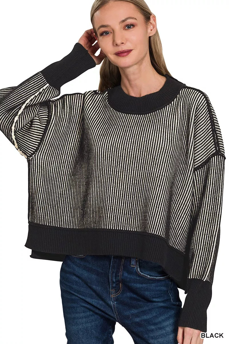 Zenana Black Ribbed Exposed Seam Two Tone Sweater BLACK