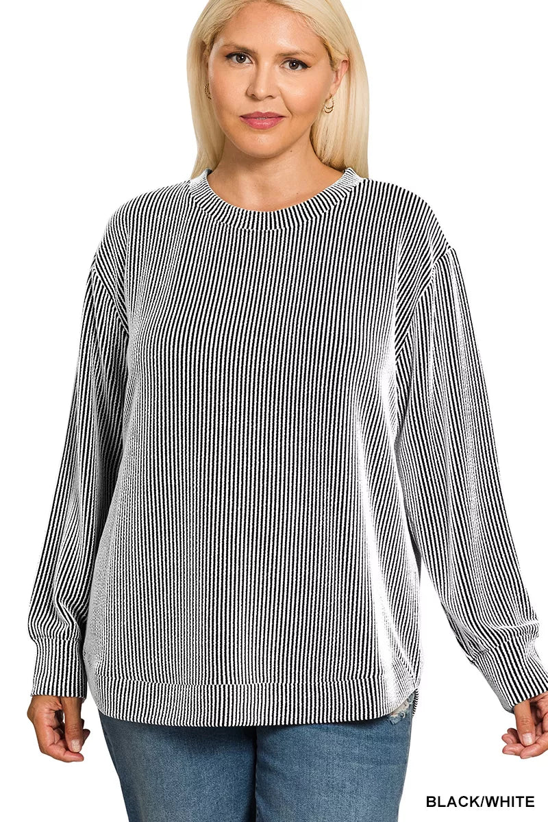 Zenana Black & White Raised Rib Round Neck Long Sleeve Top