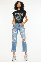 Kancan Mid Rise Distressed Boyfriend Fit Jeans