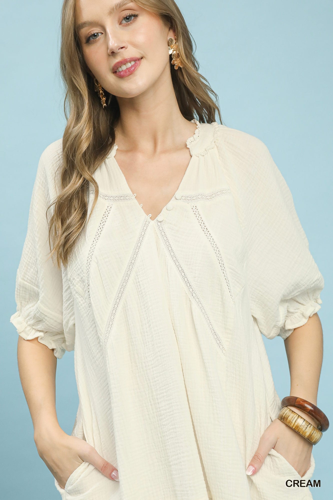 Umgee Cream Cotton Gauze Mini Dress