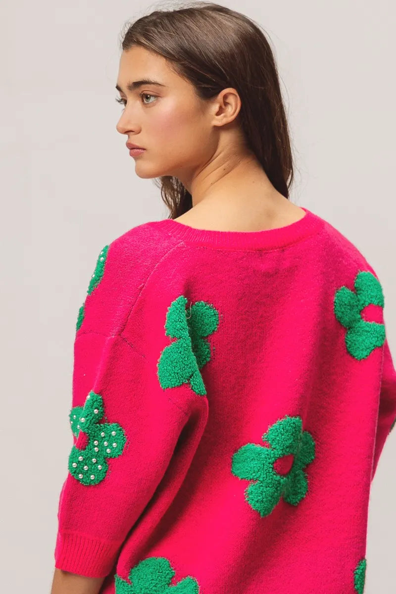 BiBi Fuchsia & Jade Pearl Beads Flowers Sweater Top