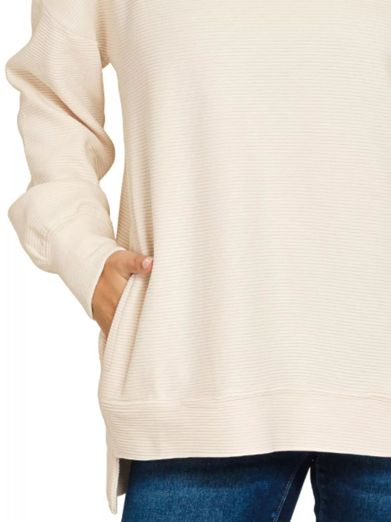 Zenana Sand Beige Acid Washed Double Ribbed Hi-low Sweatshirt