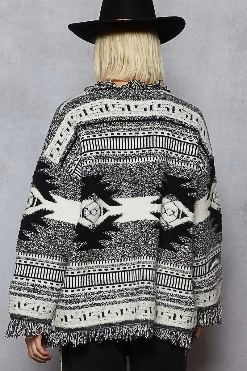 POL Black Multi Open Front Geometric Print Cardigan with Fringe Detail
