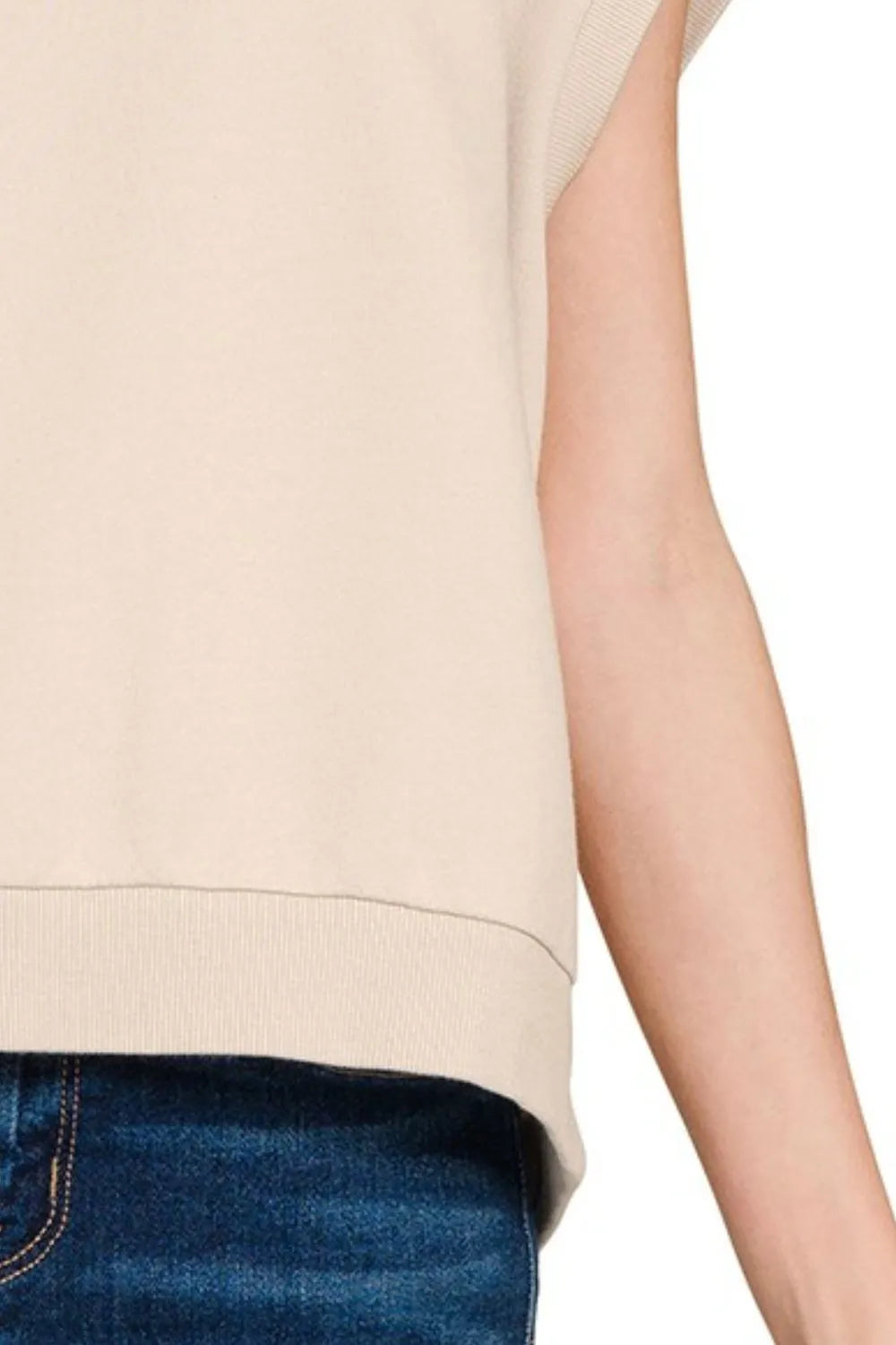 Zenana Sand Beige French Terry Round Neck Cap Sleeve T-Shirt