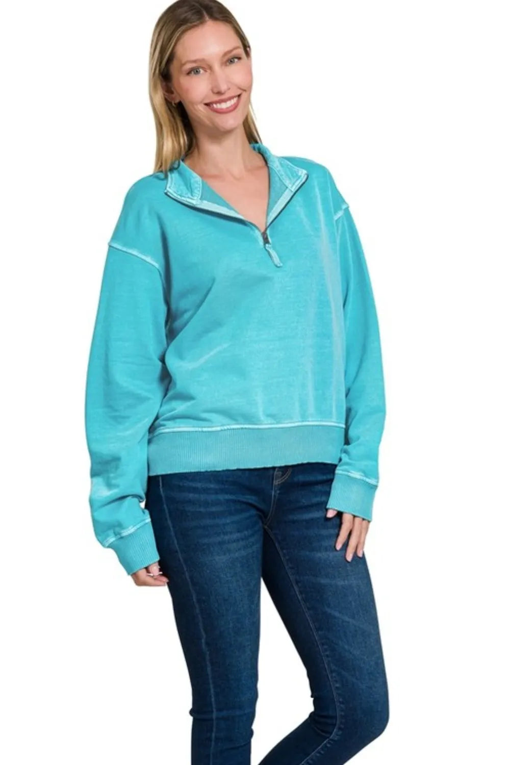 Zenana Ice Blue French Terry Pigment & Enzyme Washing Half Zip Top