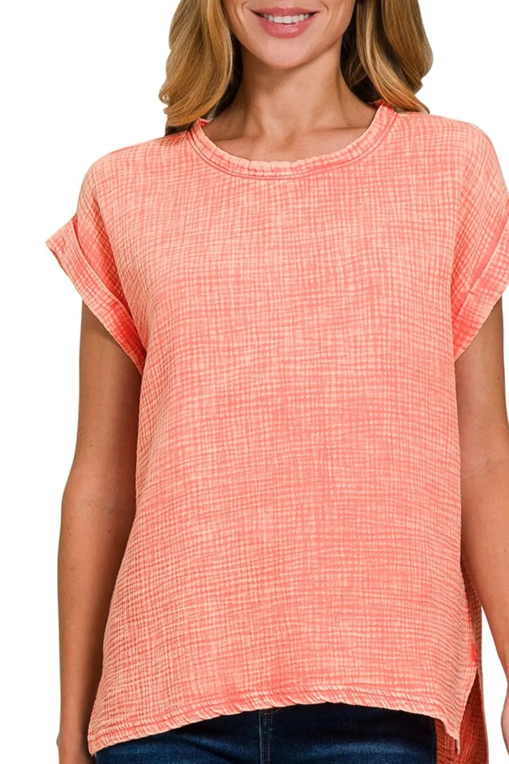 Zenana Coral Woven Double Gauze Acid Washed Short Sleeve Top