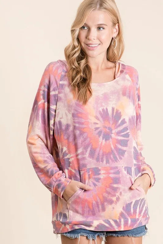 BiBi Circular Tie Dye Print Terry Hoodie with Kangaroo Pocket TIE DYE