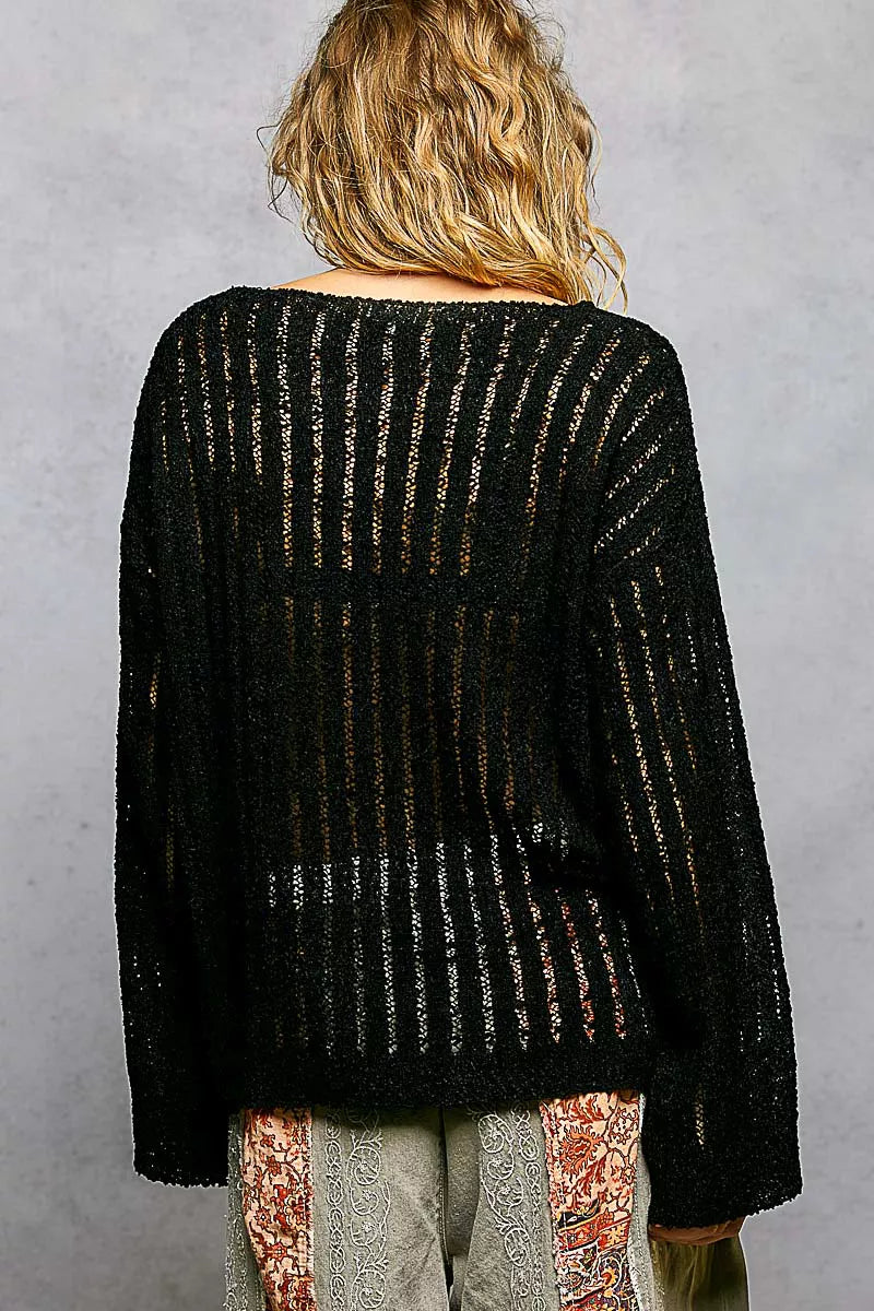 POL Black Round Neck Long Sleeve Open Weave Sweater
