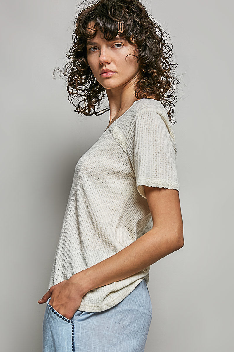 POL Natural Lace Detail V-Neck Short Sleeve Textured T-Shirt