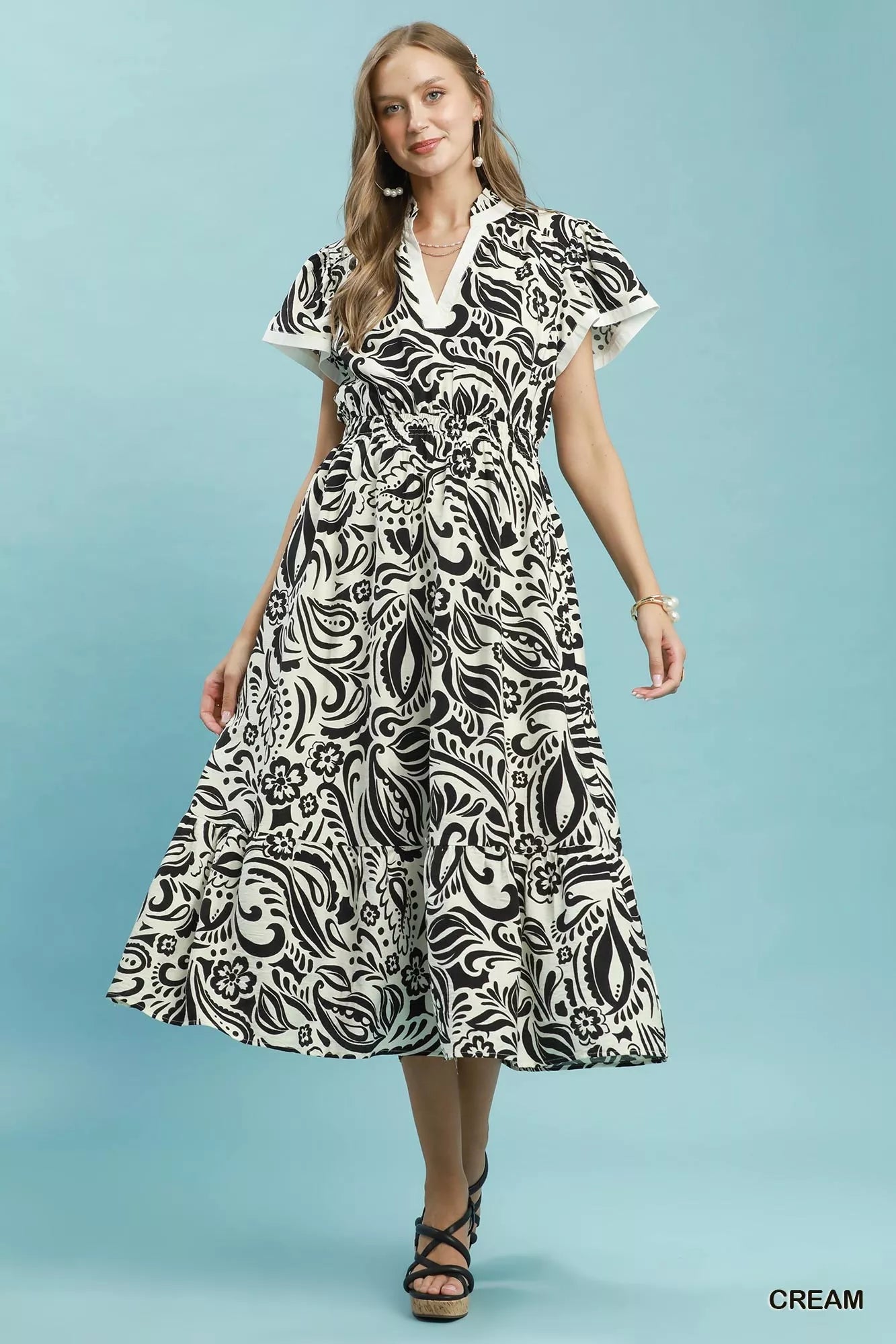 Umgee Cream Paisley Print Midi Dress with Side Pockets