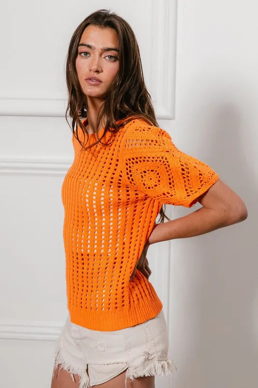 BiBi Orange Crochet Knit Top With Puff Sleeves