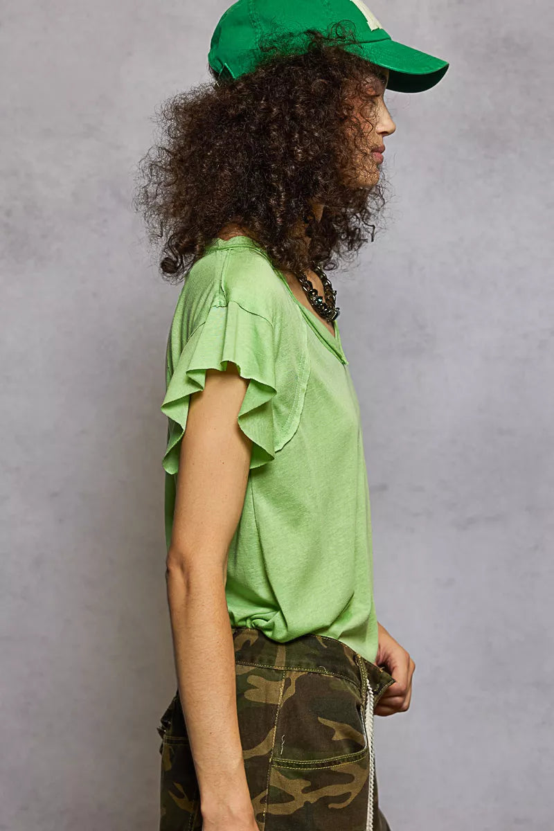 POL Lime V-Neck Short Sleeve T-Shirt with Ruffle Sleeve