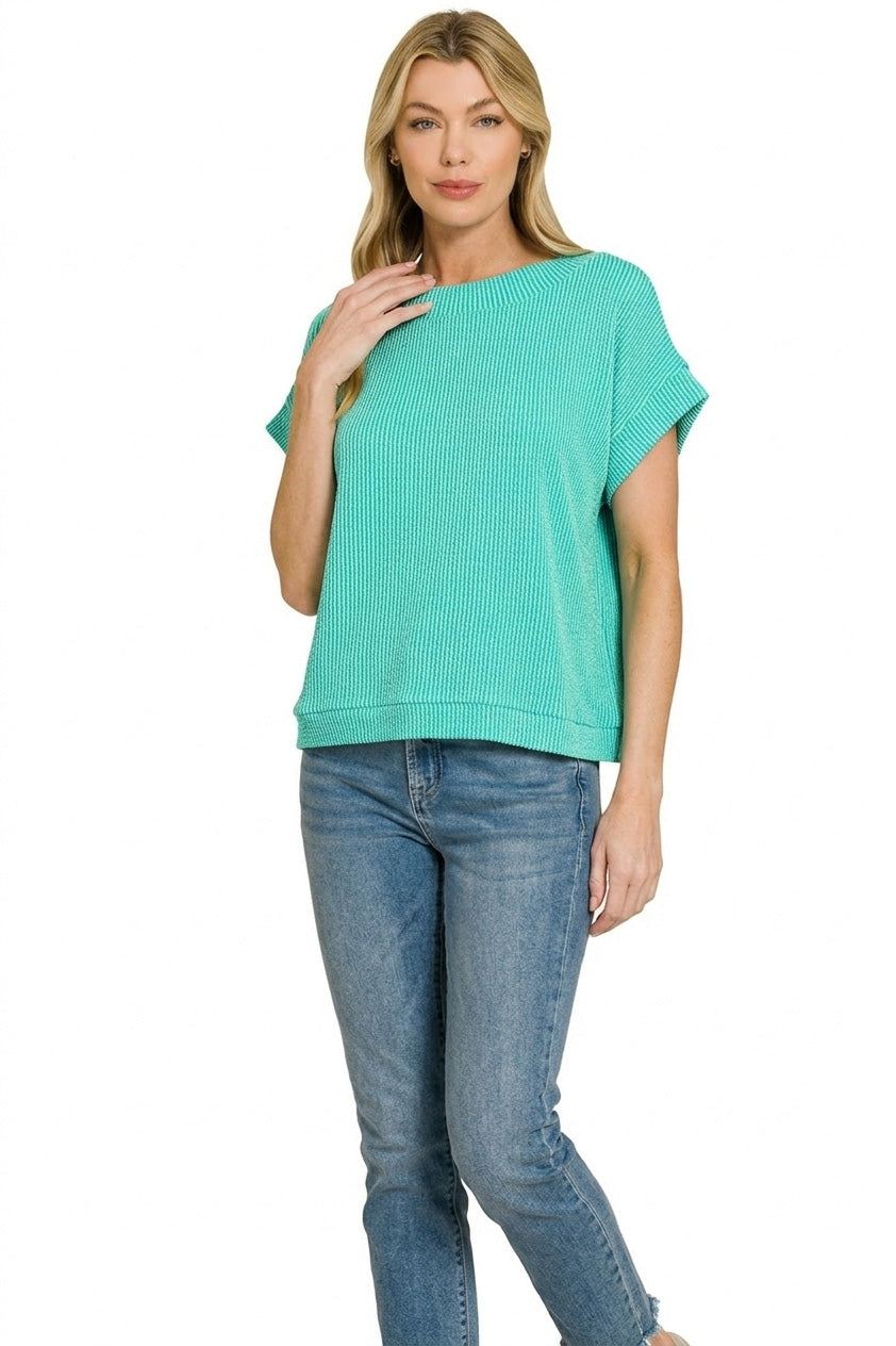 Zenana Turquoise Raised Rib Cap Sleeve Top