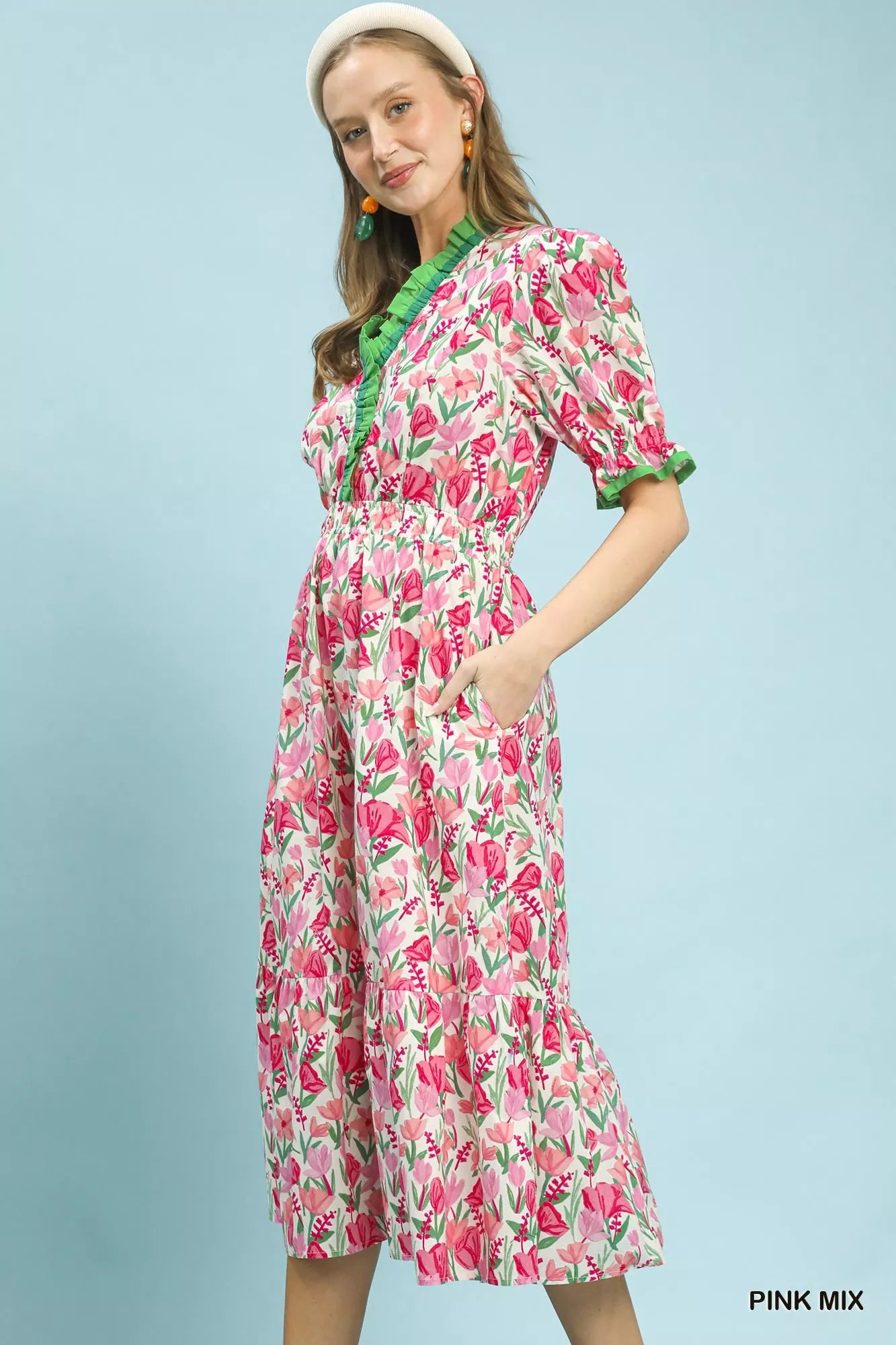 Umgee Pink Mix Floral Ruffle Trim Tiered Midi Dress