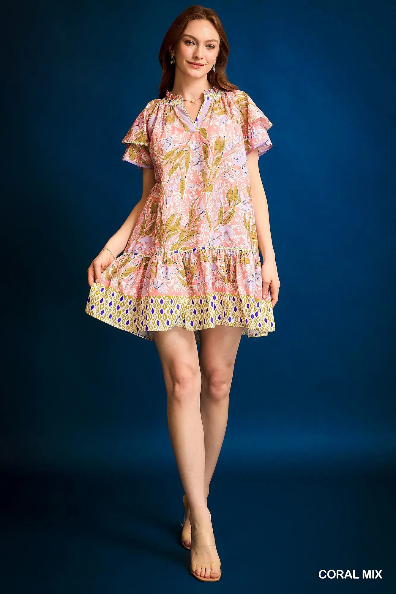 Umgee Coral Mix Floral Ruffle-Sleeve Tunic Dress