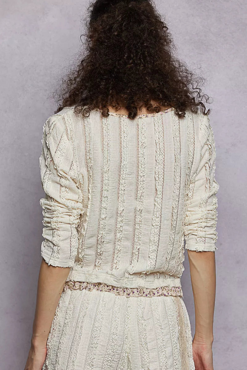 POL Cream Texture Long Sleeve Blouse with Floral Ruffled Details