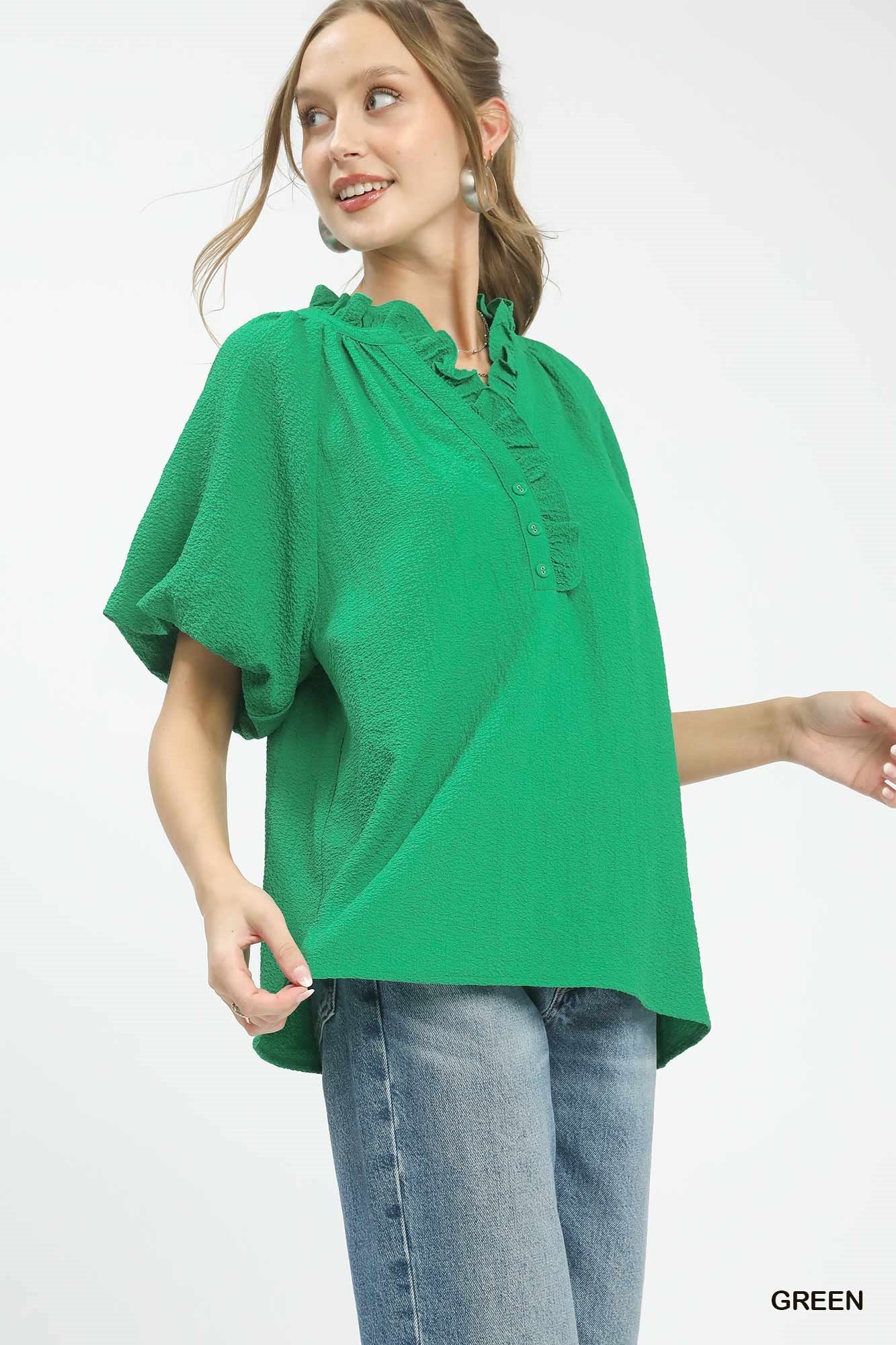 Umgee Green Puff Sleeve Ruffle Neck Tunic Blouse