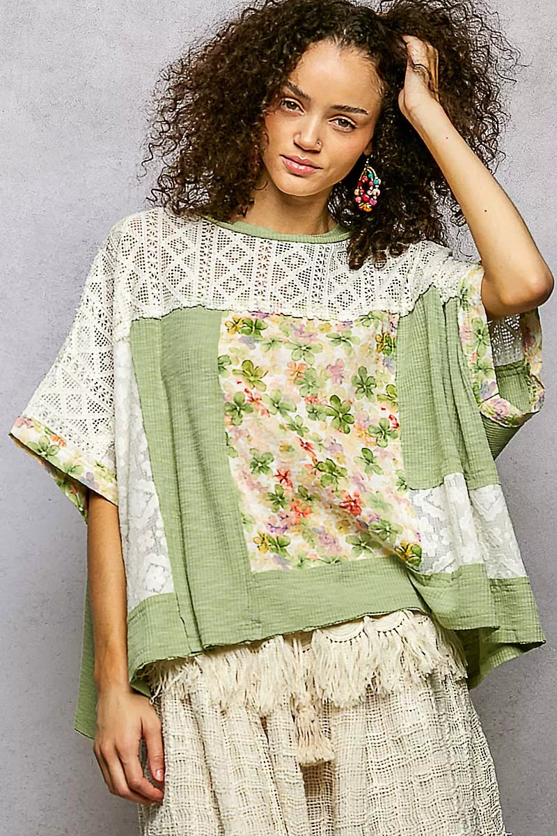 POL Sage Floral Patchwork Lace Accent Blouse