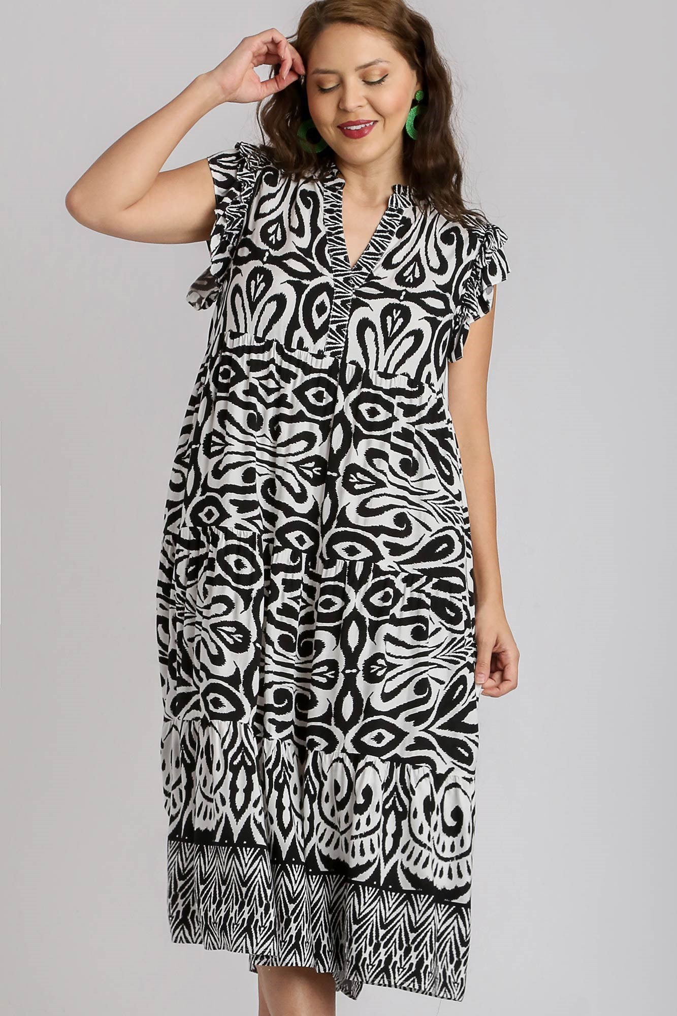 Umgee Black Two Tone Border Print Ruffle Cap Sleeve Midi Dress