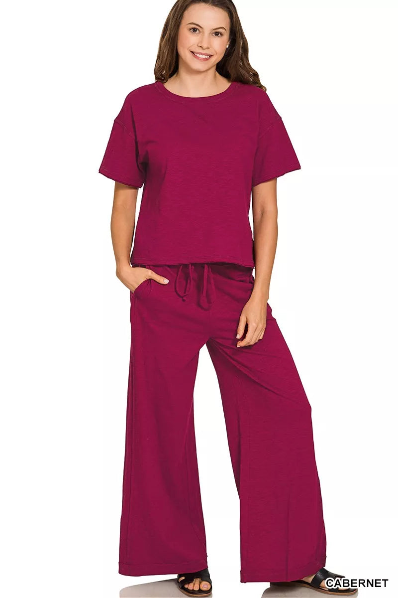 Zenana Cabernet Cotton Slub Short Sleeve Tee and Pants Set CABERNET