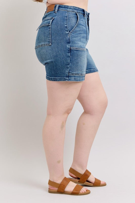 Judy Blue Medium Washed High Rise Utility Mid Length Denim Shorts